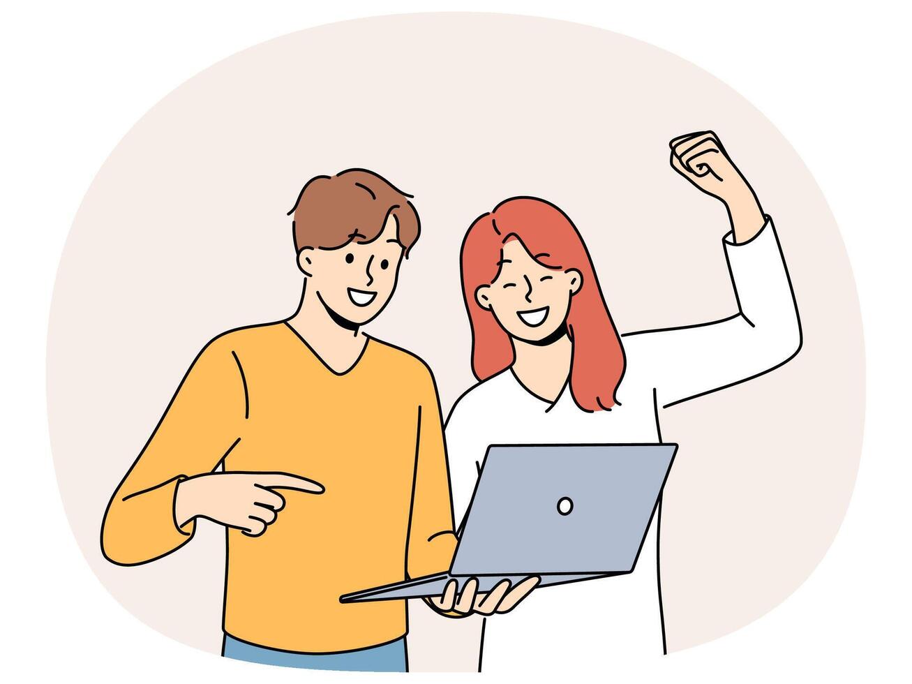 Happy couple with laptop make win gesture after winning in online casino or lottery with cash prize vector