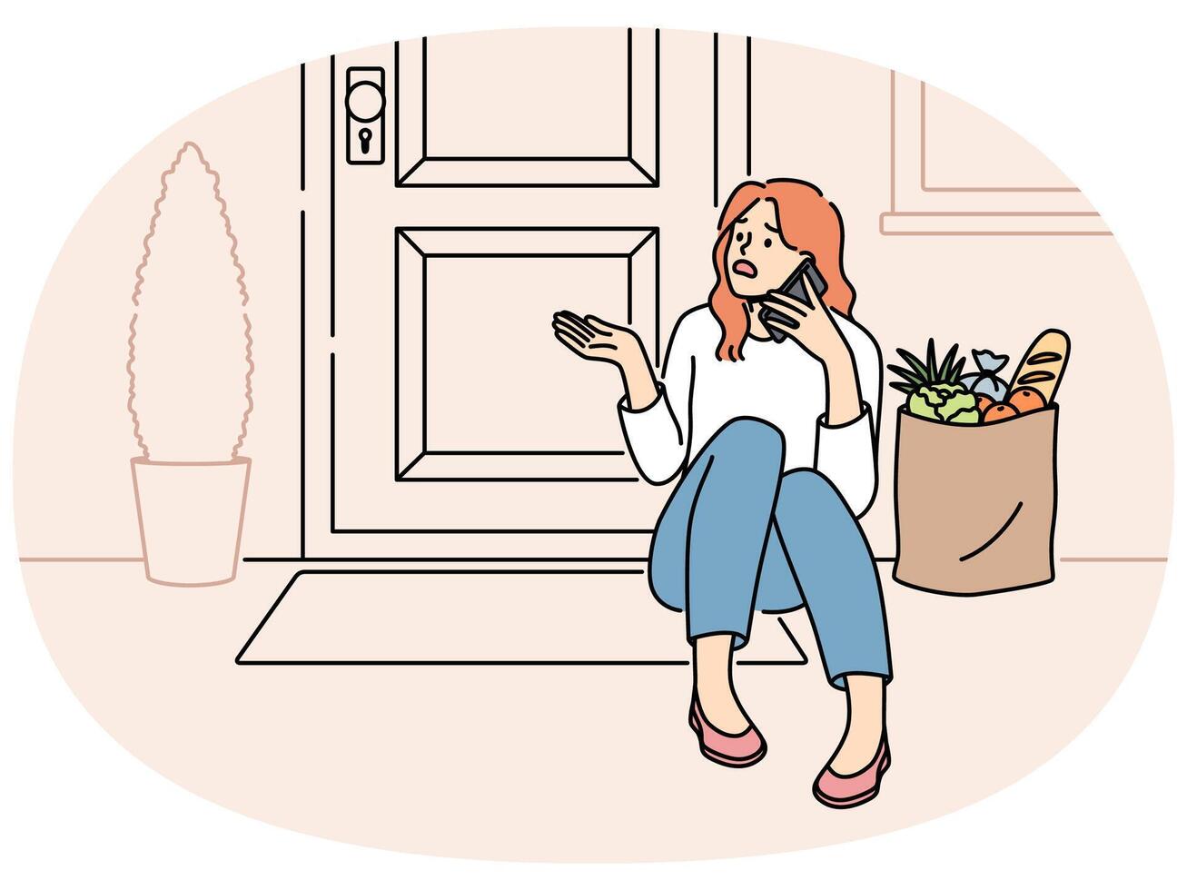 Woman sits on threshold near door with jammed lock and cannot get into house, makes phone call vector