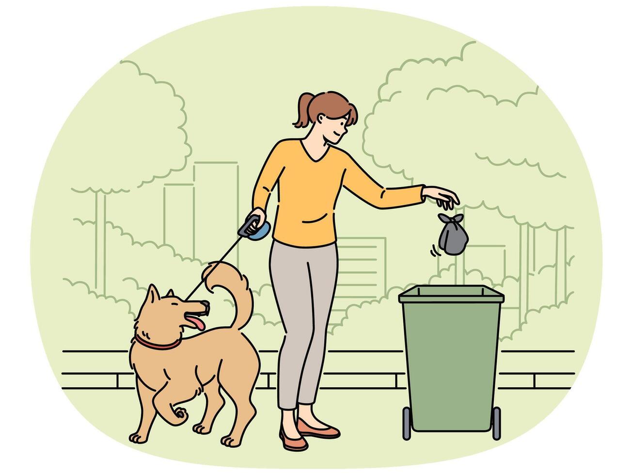 Woman walking dog throws bag of puppy poop into trash can, taking care of cleanliness of park vector