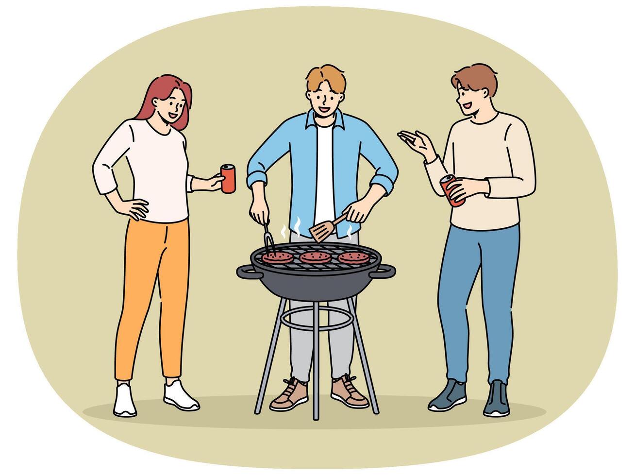 BBQ party with cheerful friends drinking beer and grilling meat on grill in park or in backyard vector
