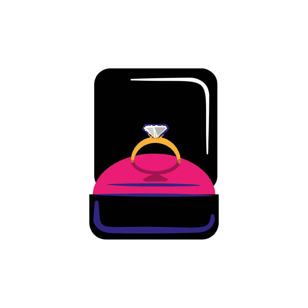 Golden ring with brilliant jewelry showcase box flat illustration. vector