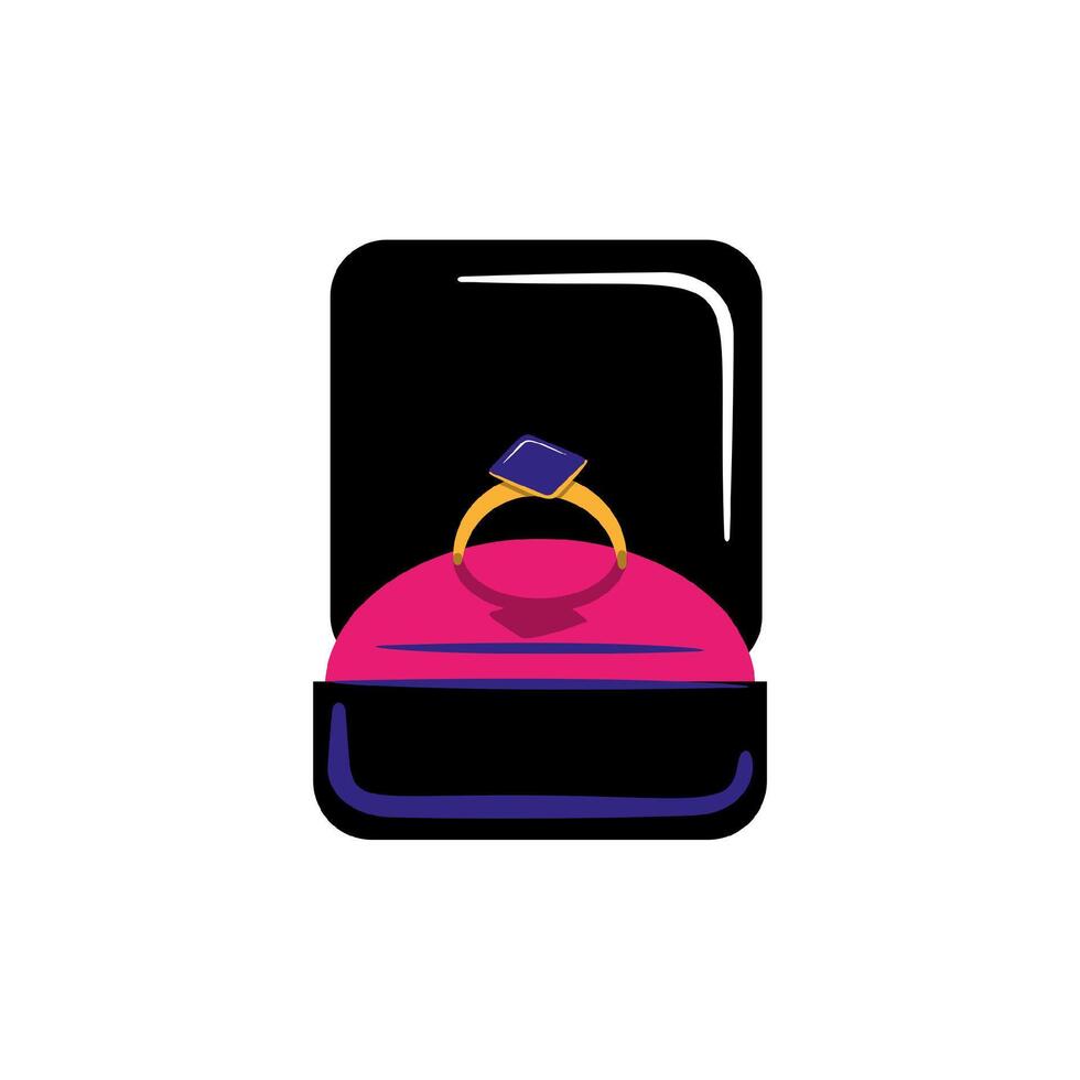 Golden ring with a gemstone jewelry showcase box flat illustration. vector