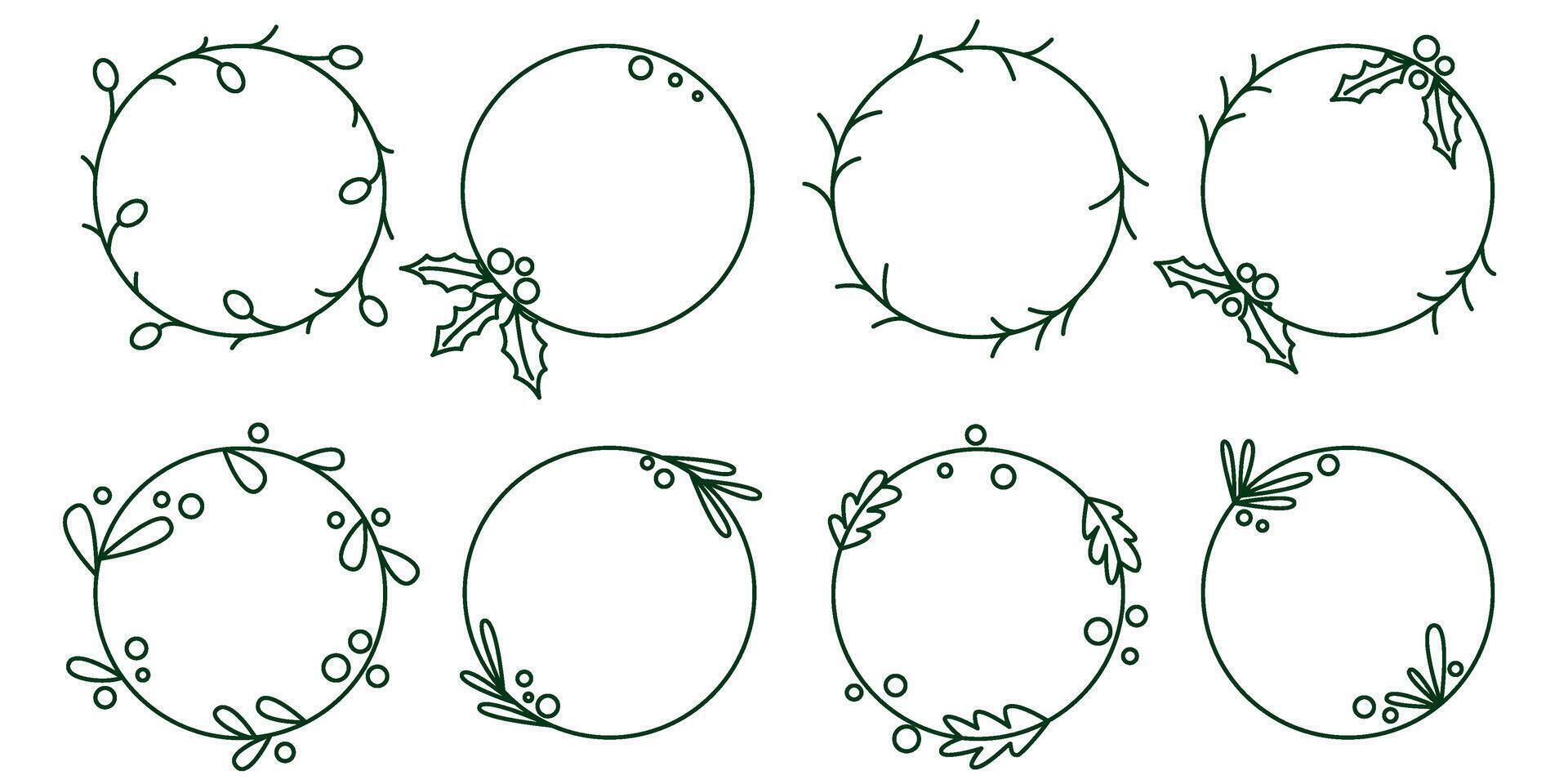 Round frames with holly leaves, fir branches and berries doodle sketch style set vector