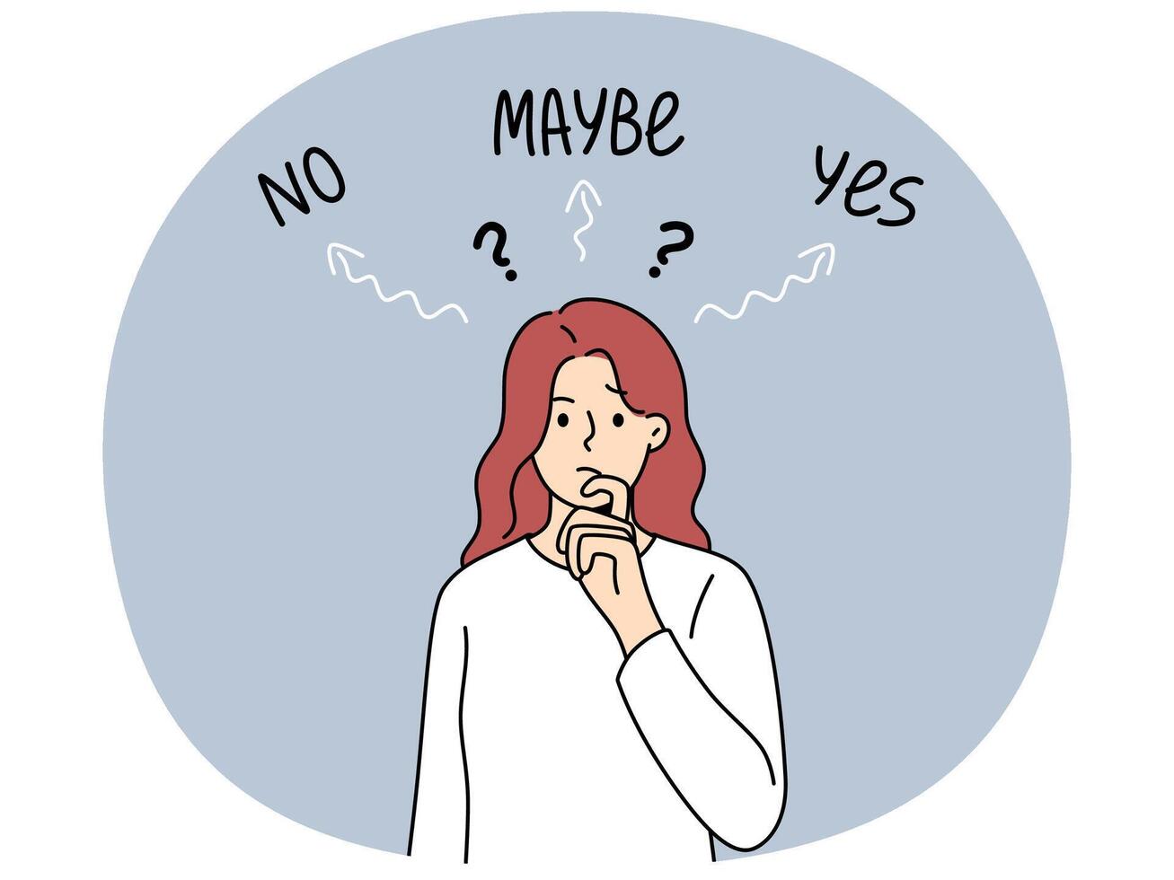 Thinking woman makes difficult solution and reflects on problem that has arisen. vector