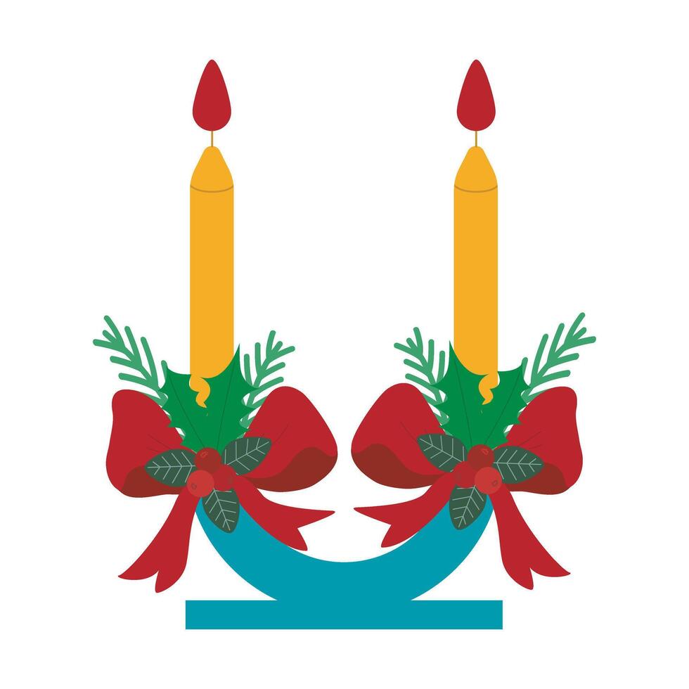 Christmas candlestick with burning candles, festive table decoration vector