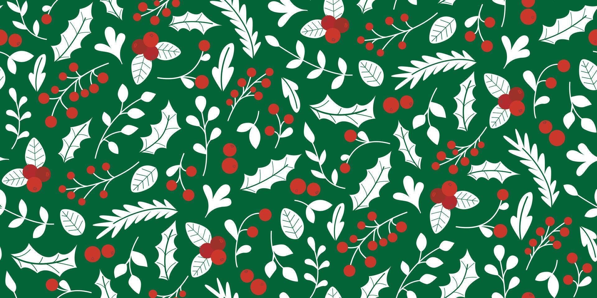 Seamless pattern with white silhouette of holly leaves, sprigs and red berries vector