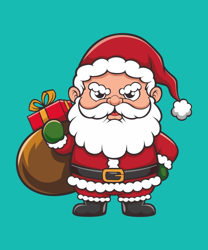 Angry santa claus with a sack of gifts. vector
