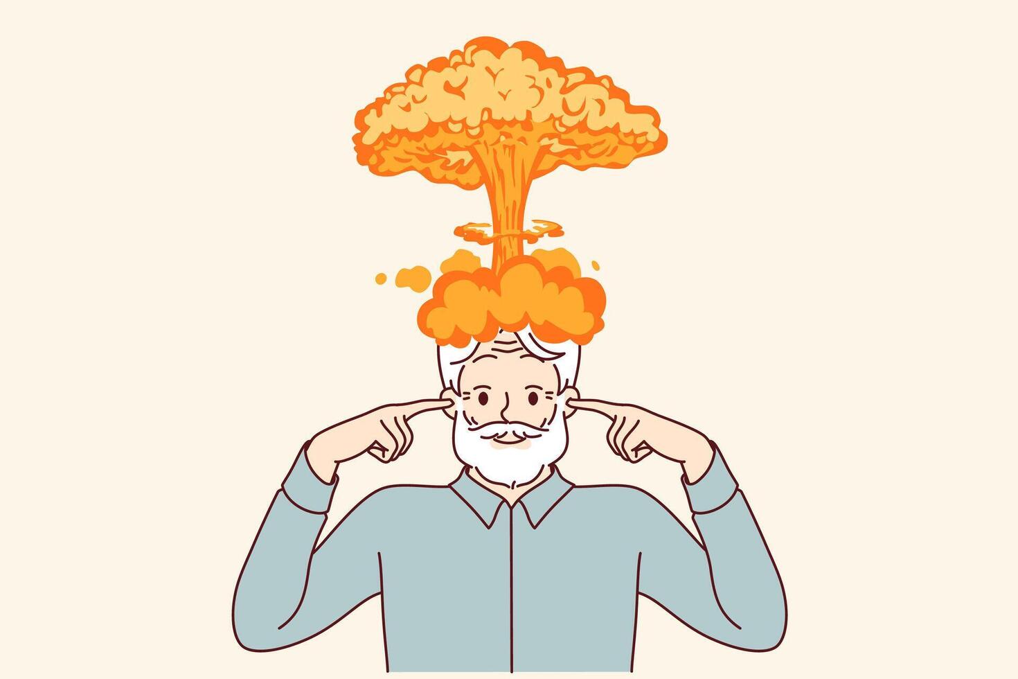 Explosion of brain in elderly man who has experienced severe strain on intellect and covers ears vector