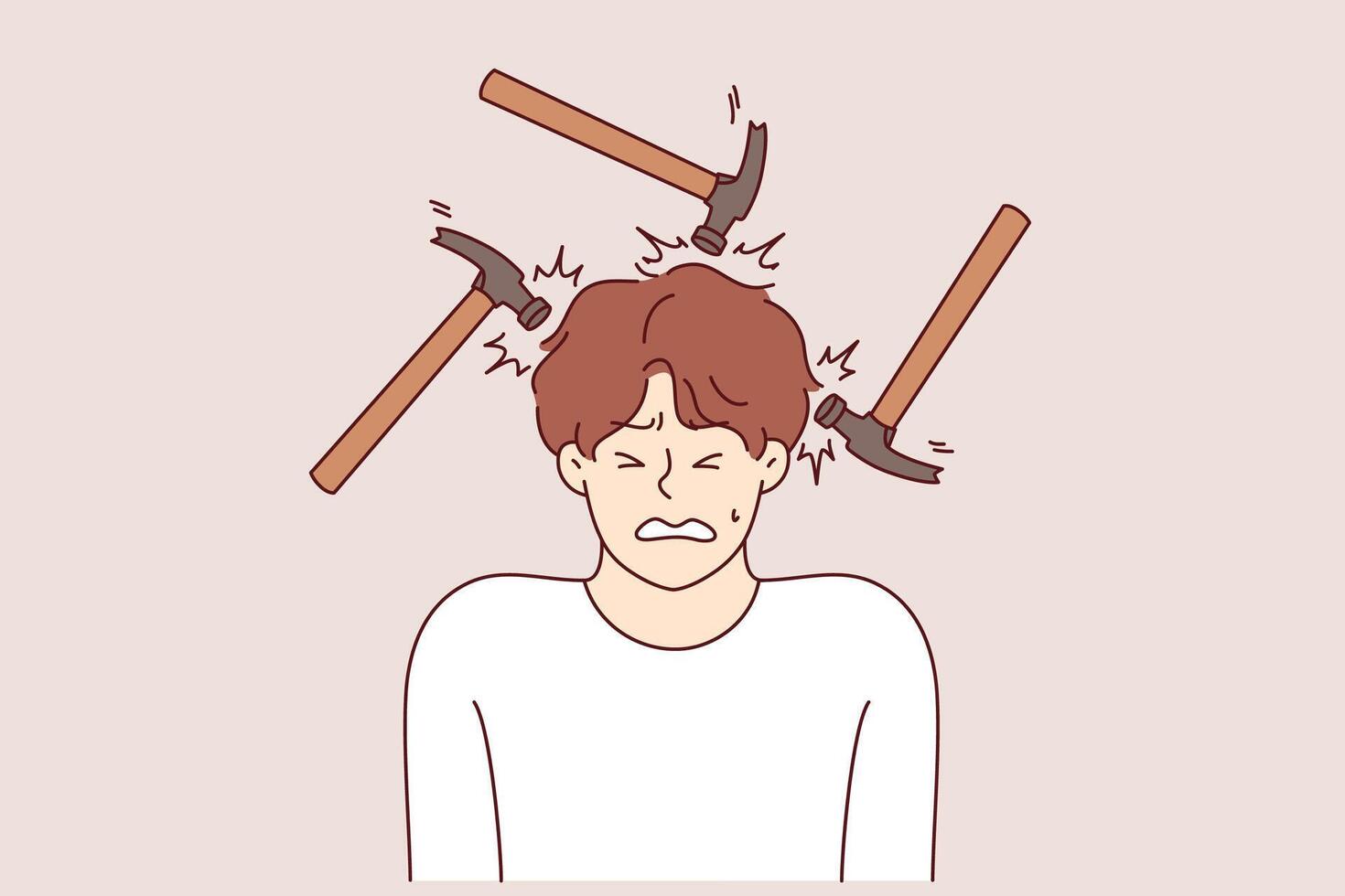 Headache and migraine torment man making painful grimace, standing among hammers vector