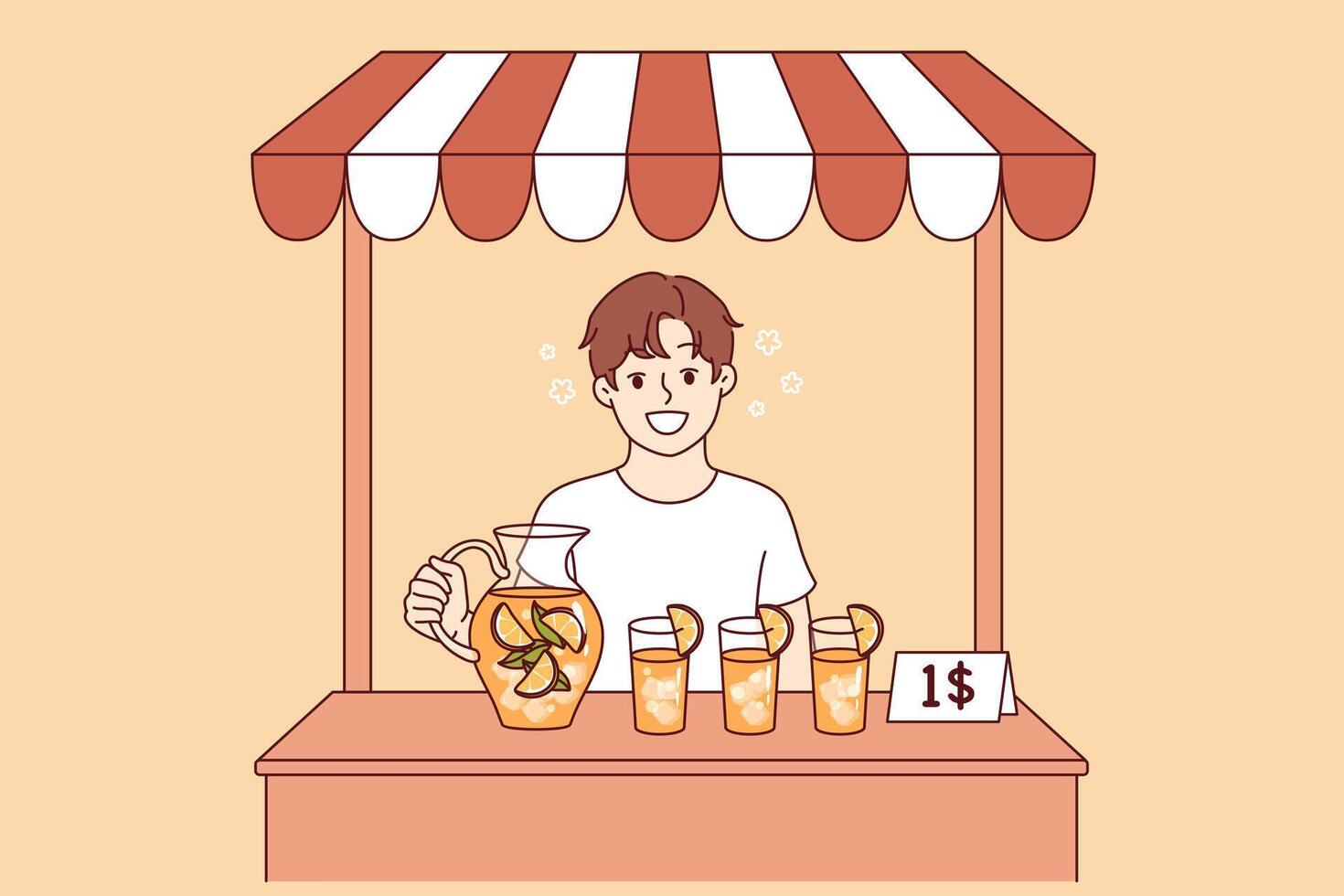 First job for little boy selling lemonade, earning money and dreaming of becoming businessman vector