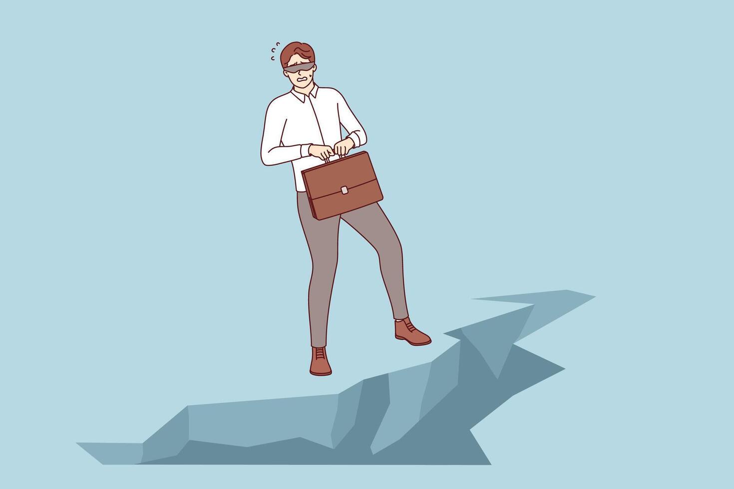 Challenge for business man standing at edge of abyss, blindfolded, and in need of help of guide vector