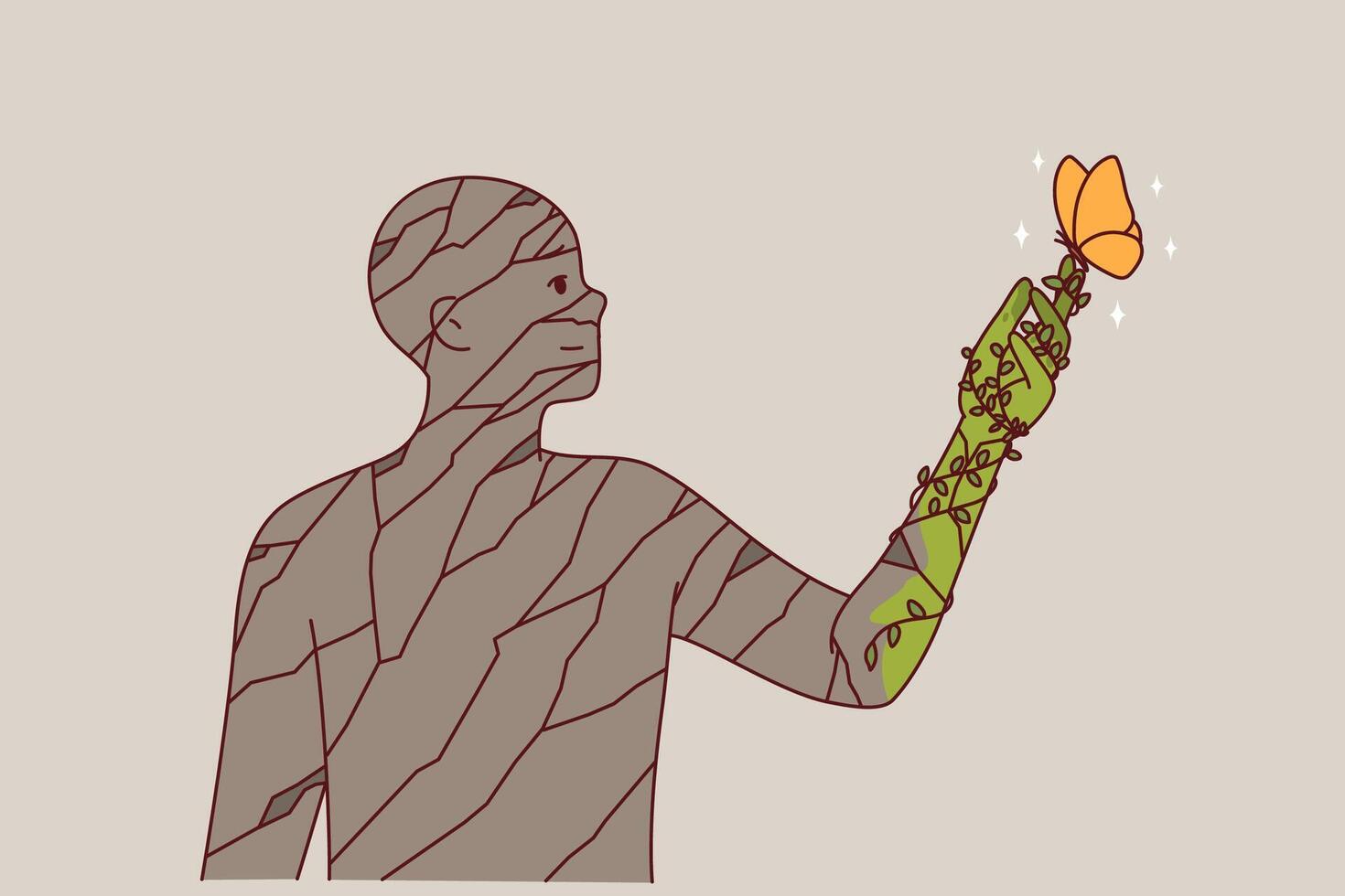 Environment helps stone man to flourish and gain freedom through synergy with nature or biodiversity vector