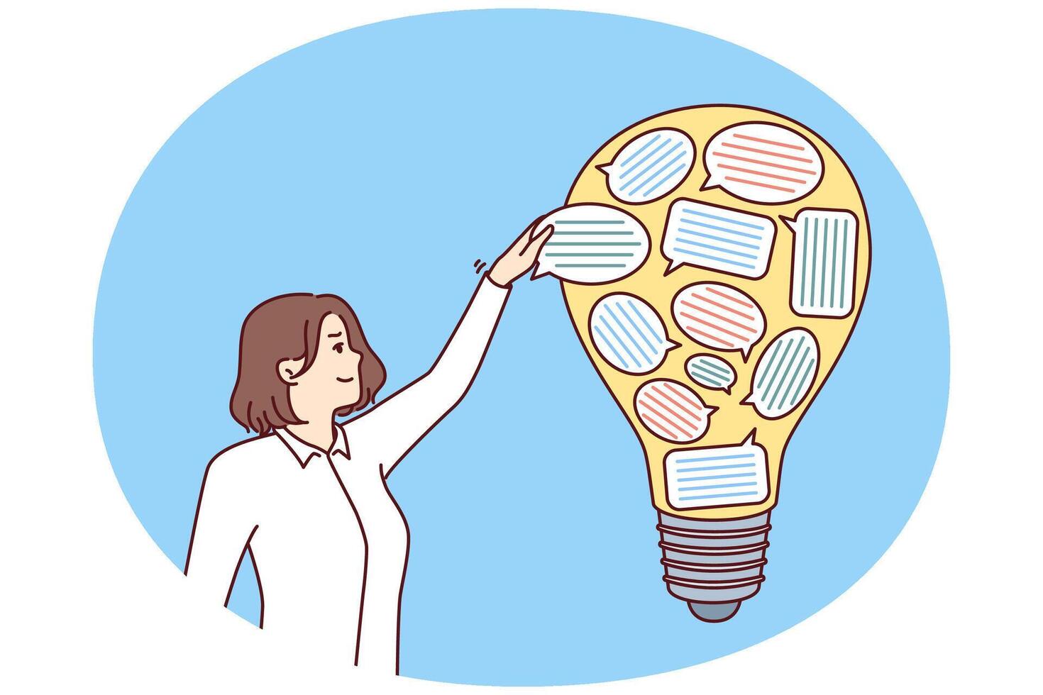 Businesswoman near light bulb with stickers in form dialogue bubbles symbolizing new ideas vector