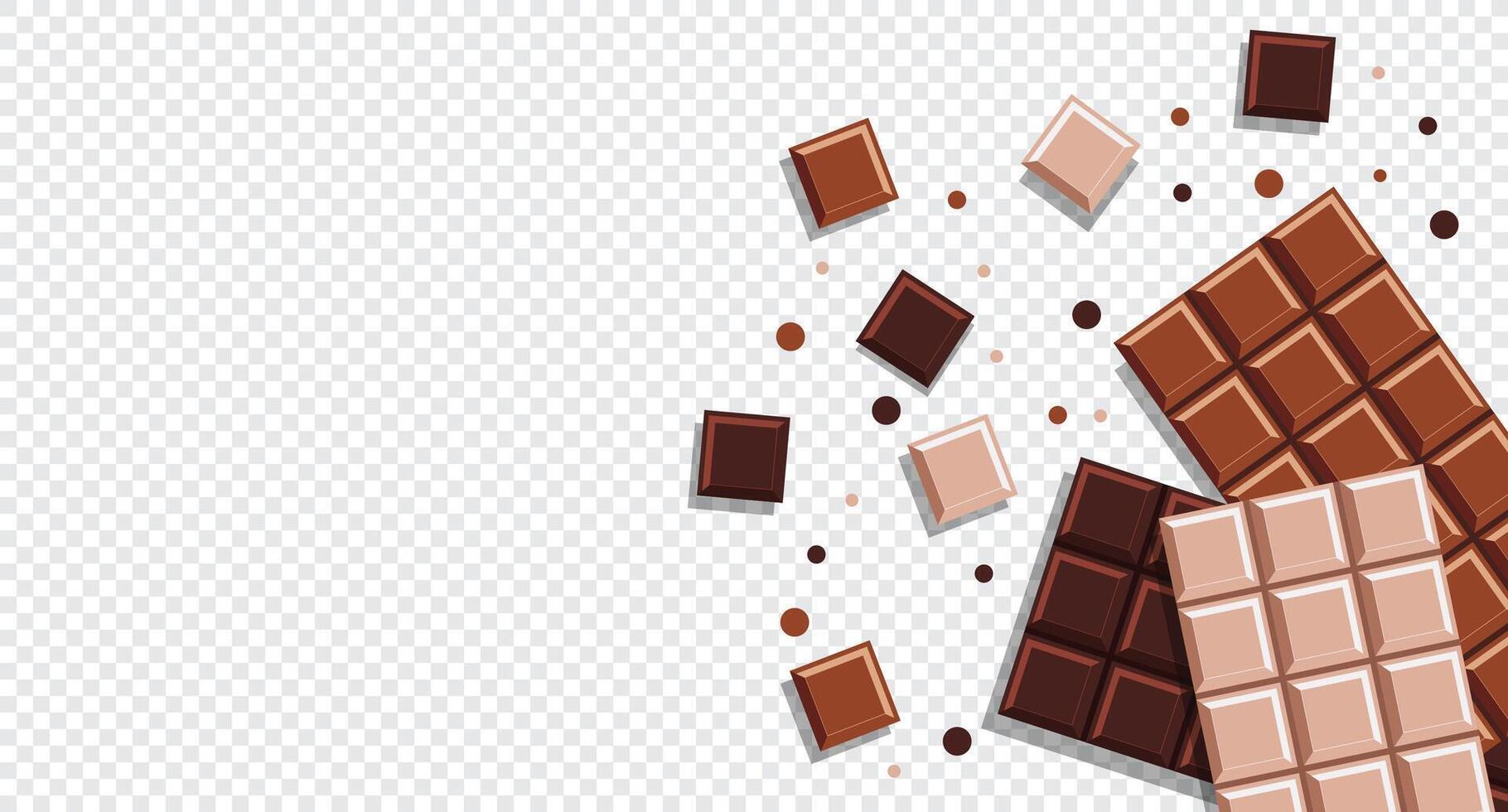 Chocolate bars. Chocolate background. Realistic Chocolate Bar with Pieces. Milk, dark and white chocolate bars. illustration vector