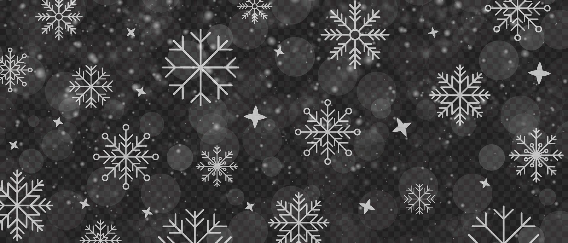 Falling snowflakes banner. White snowflakes flying in the air. Snow background. Winter landscape with falling snow. Winter snowfall illustration vector