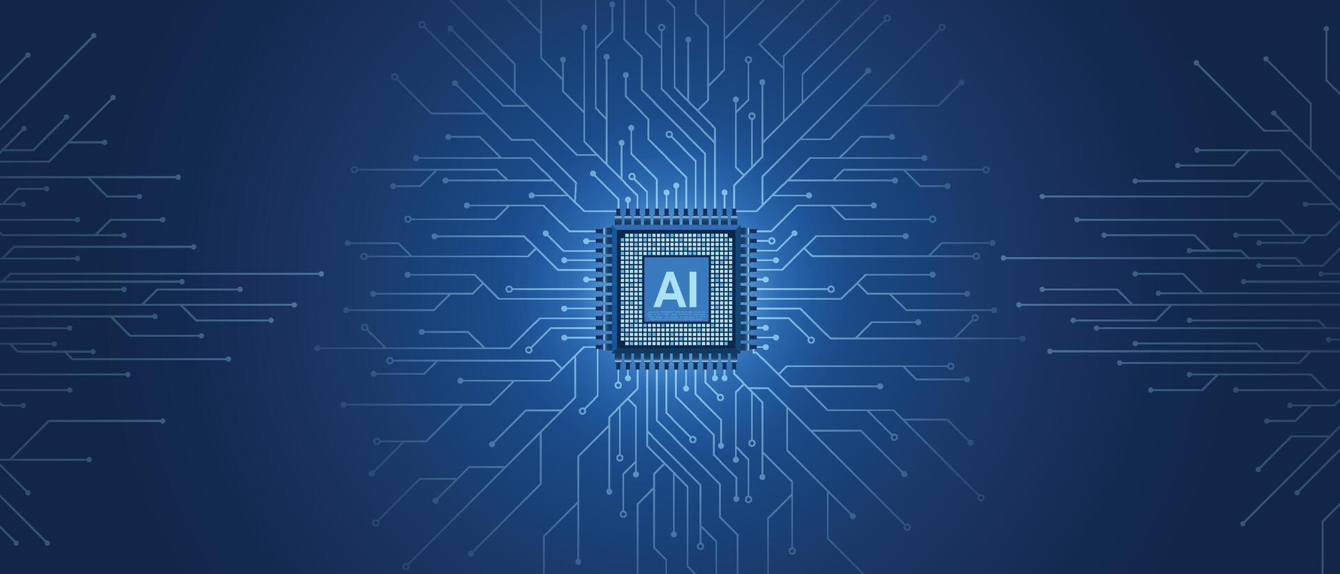 AI technology CPU chipset with printed circuit board. Printed circuit board and processor. Machine learning. Artificial intelligence web banner vector