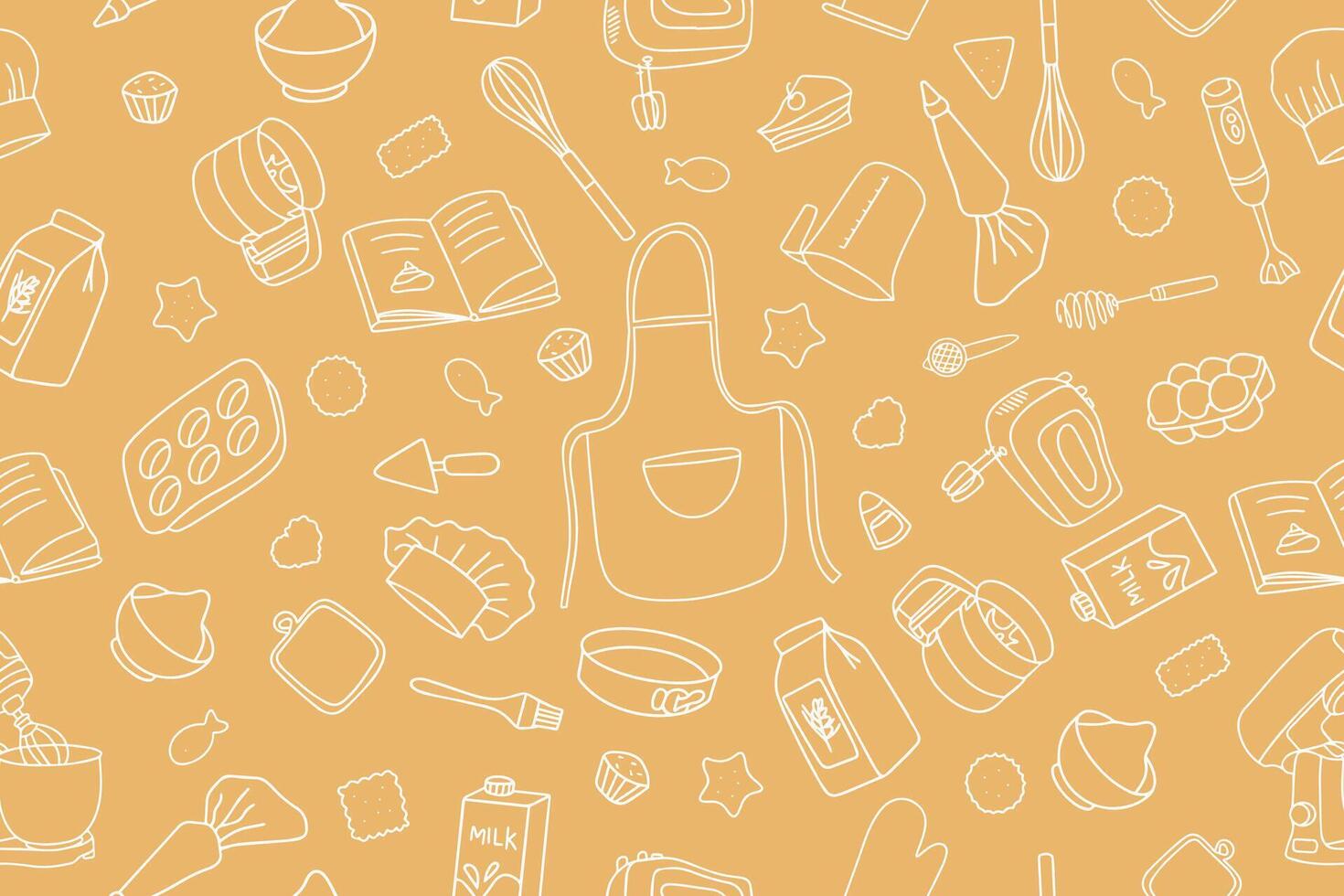 Fashionable pattern of baking accessories hand drawn in doodle style. Set of kitchen utensils for making delicious pastries. vector