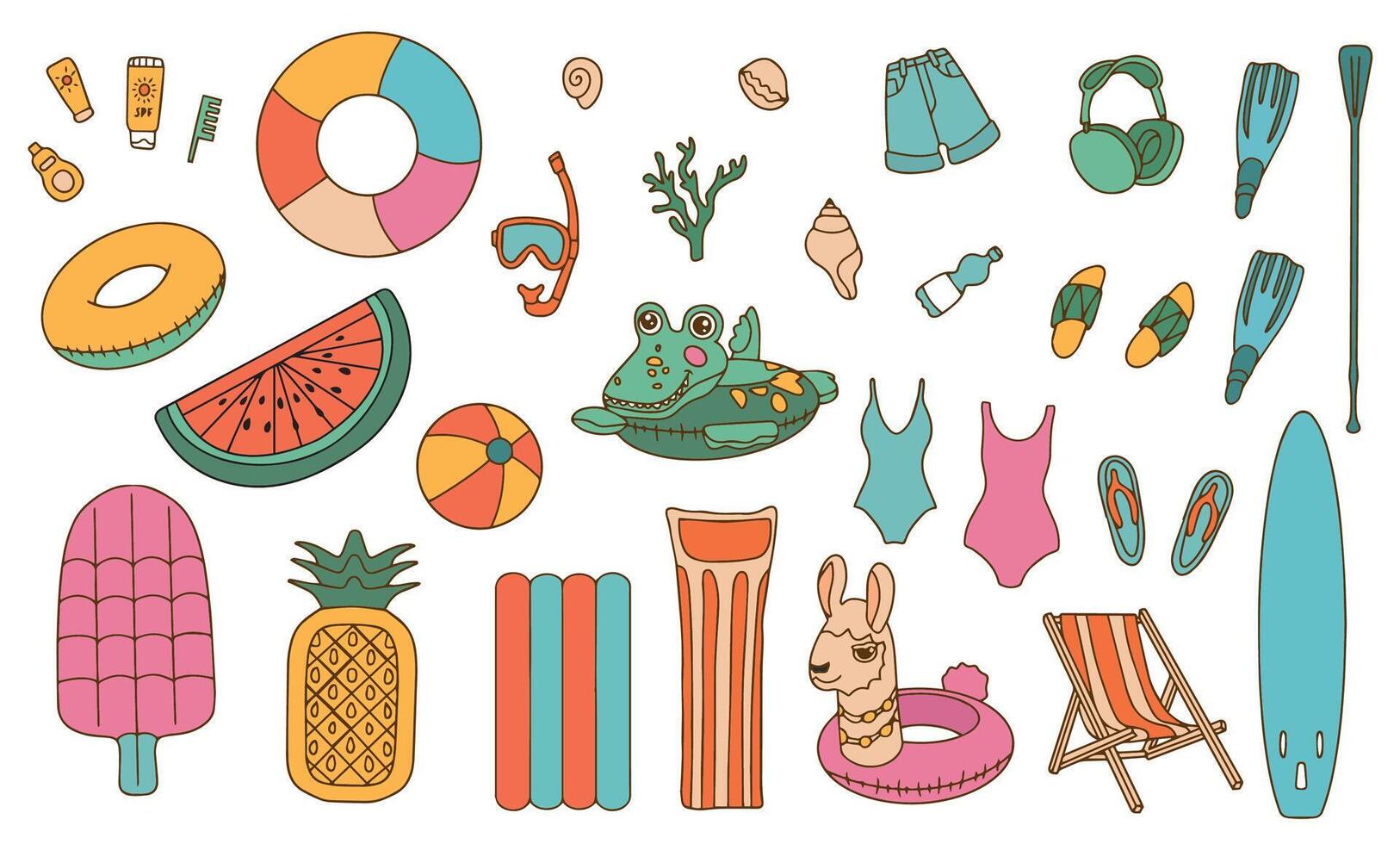 Summer outline icon Set. Beach accessories vectors icons for web. Tropical vacation.