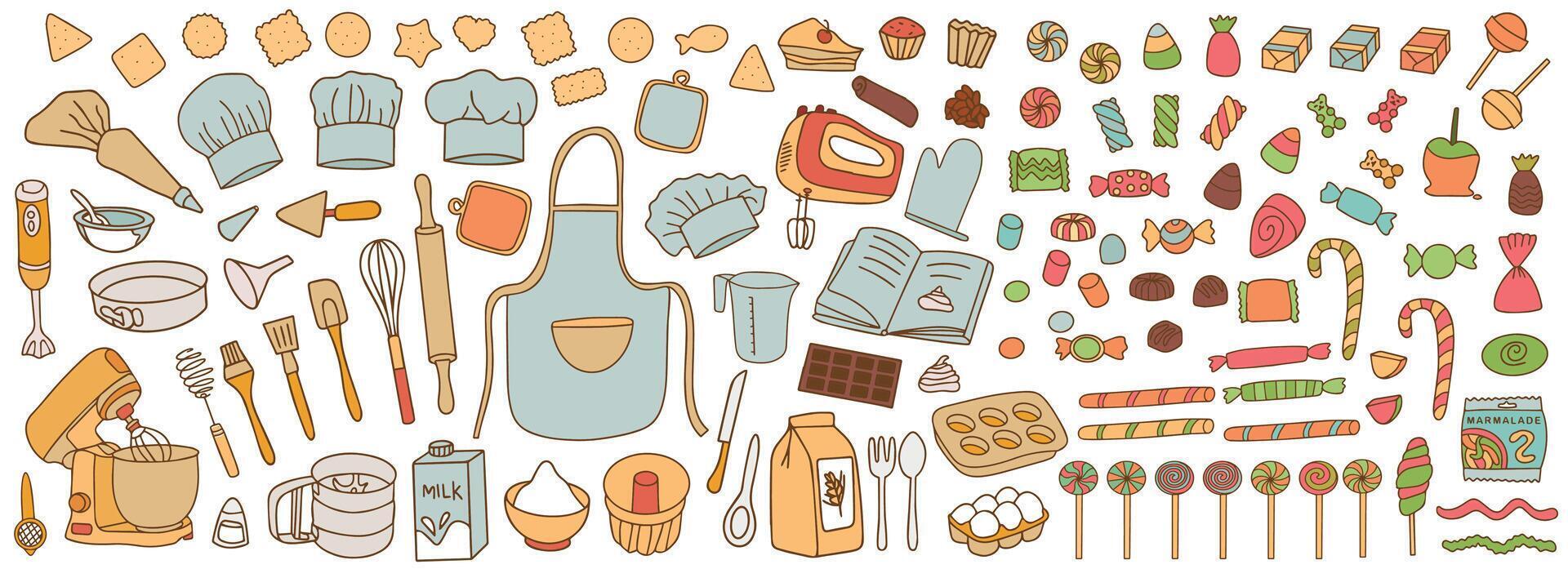 A set of accessories, baking tools and various cookies, sweets, candies on a white background. vector