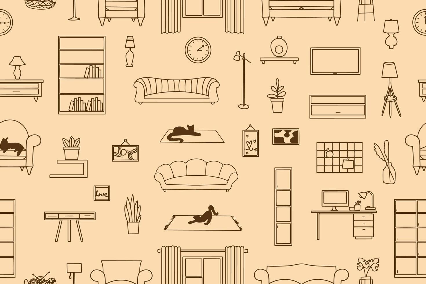 Linear Doodle style interior icons. Seamless colorful pattern of home furniture and decor items, hand drawn. vector