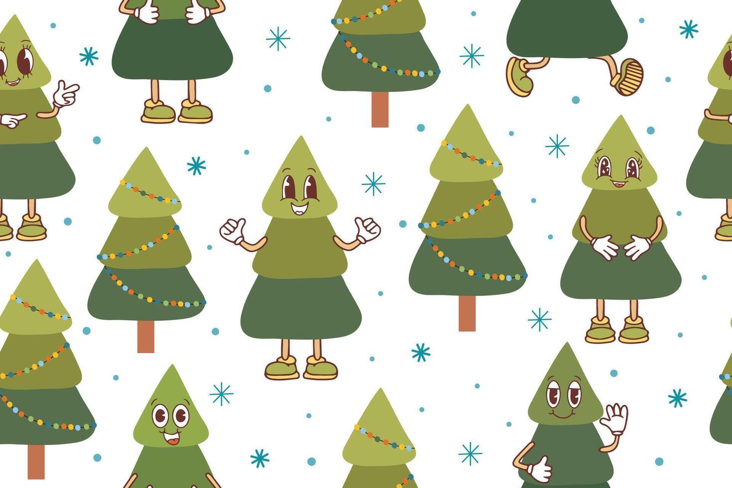 Seamless kawaii-style Christmas tree pattern. Cute funny holiday trees. White background with blue snowflakes. vector