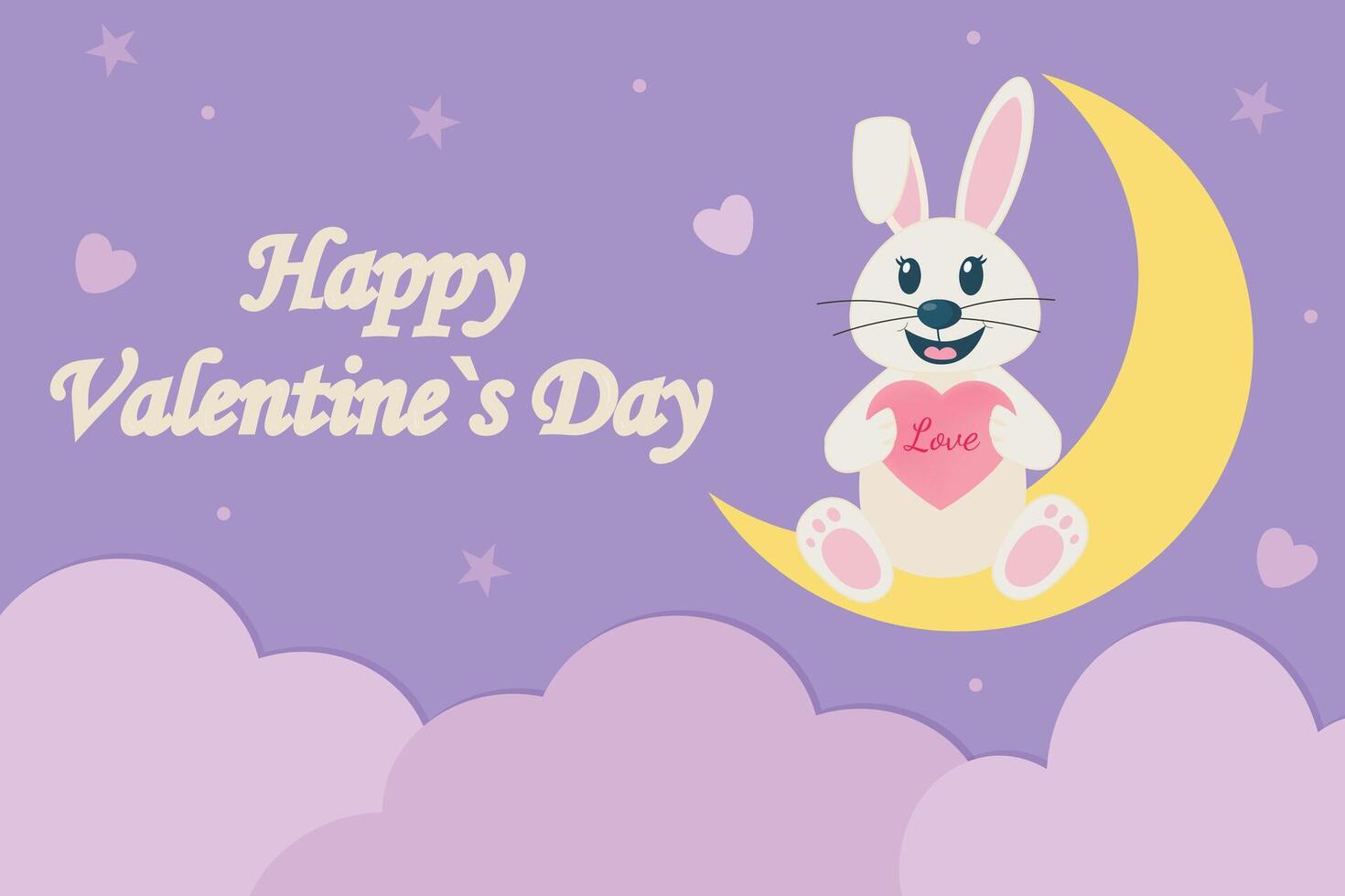 Cute Valentines Day card with a bunny holding a heart sitting on a crescent moon in a pastel sky. Design for celebration and season decoration, branding, banner, cover, label, card vector