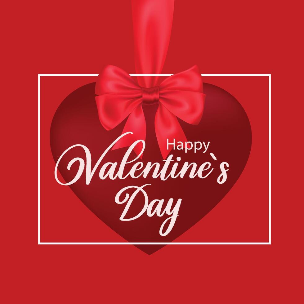 Happy Valentines Day red greeting card. Red Valentines Day heart with ribbon bow and festive greeting on a vibrant background. Design for celebration and season decoration, promotion, banner, cover. vector