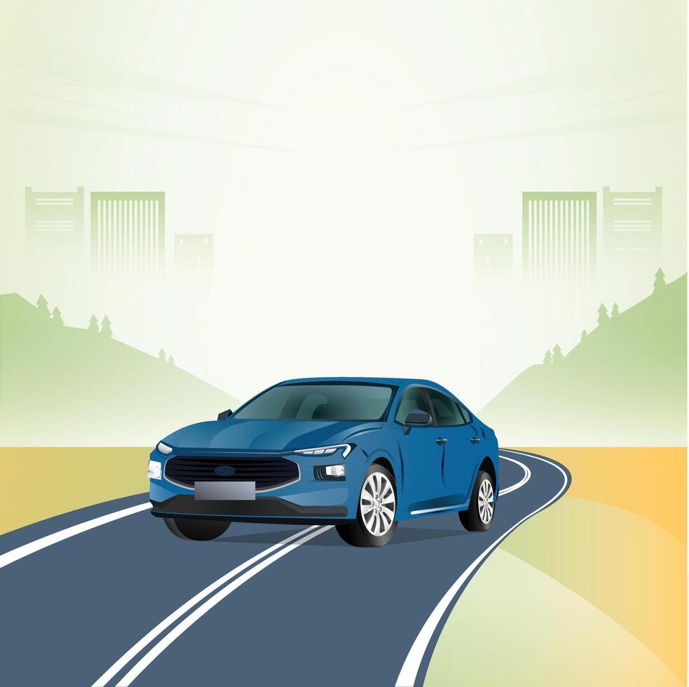 highway drive in premium sedan . black and white illustration in flat design vector