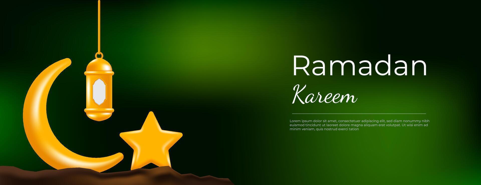 ramadan kareem banner design with 3d gold decoration on blurred green background vector