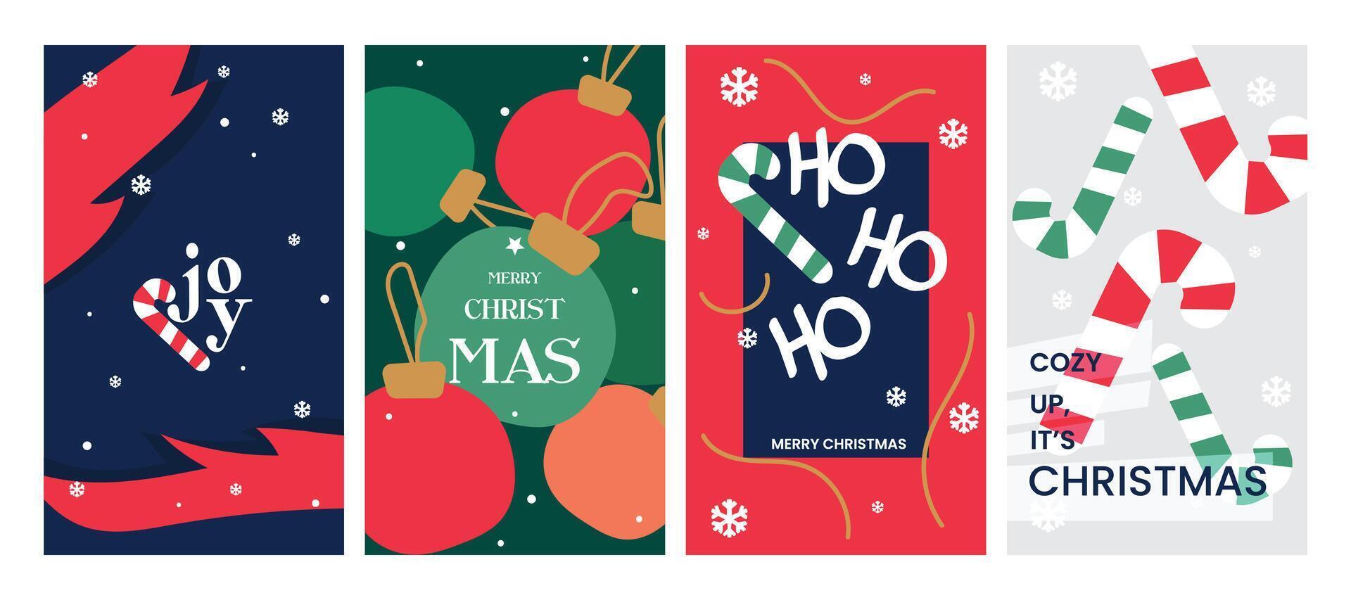 Merry Christmas and Happy New Year greeting card Set.Christmas tree branches, red balls, snowflake pattern. Modern beautiful Xmas design, Minimal art banner, poster, web cover templates vector