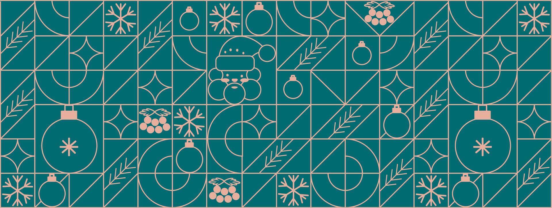 Merry Christmas and Happy New Year geometric background in line style. Modern pattern with minimalist Christmas gold line icons. vector