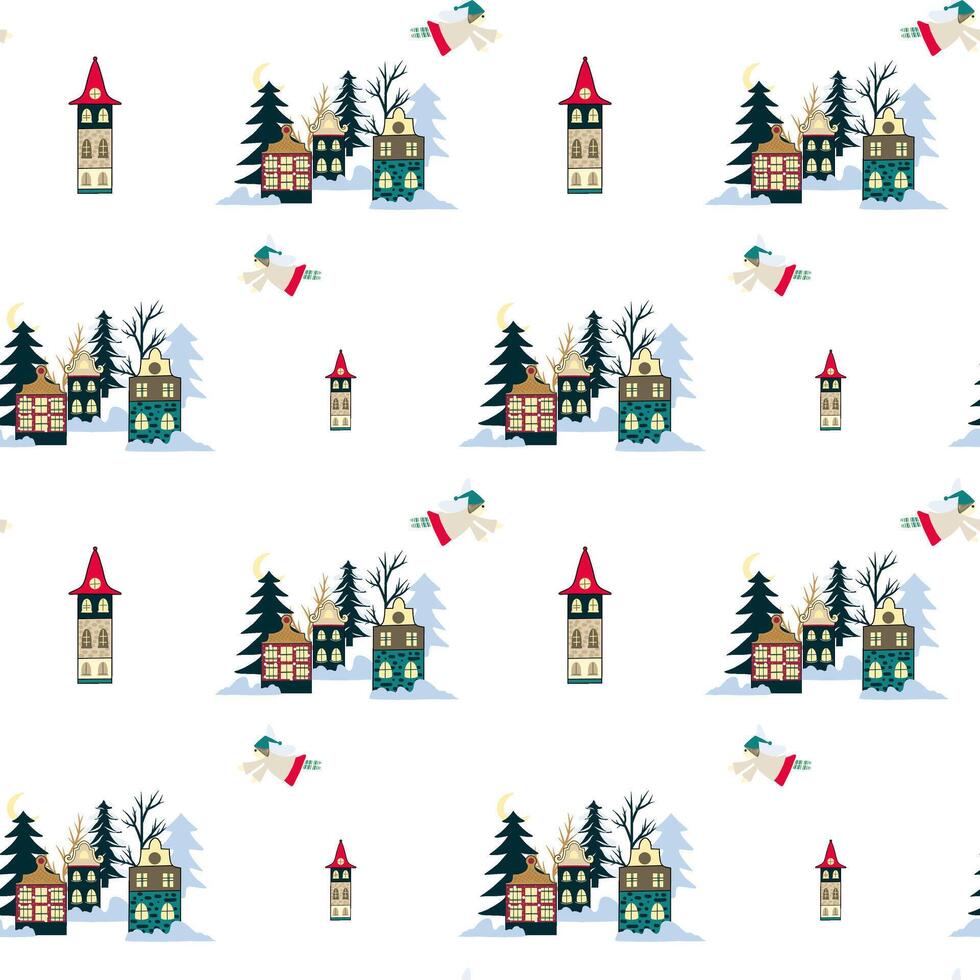 Christmas Village Seamless Pattern, Village and angels pattern vector