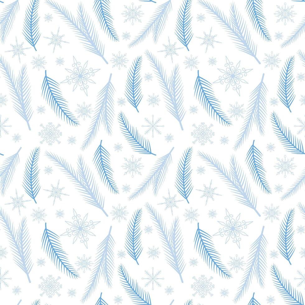 Seamless pattern with blue pine twigs and blue snowflakes vector