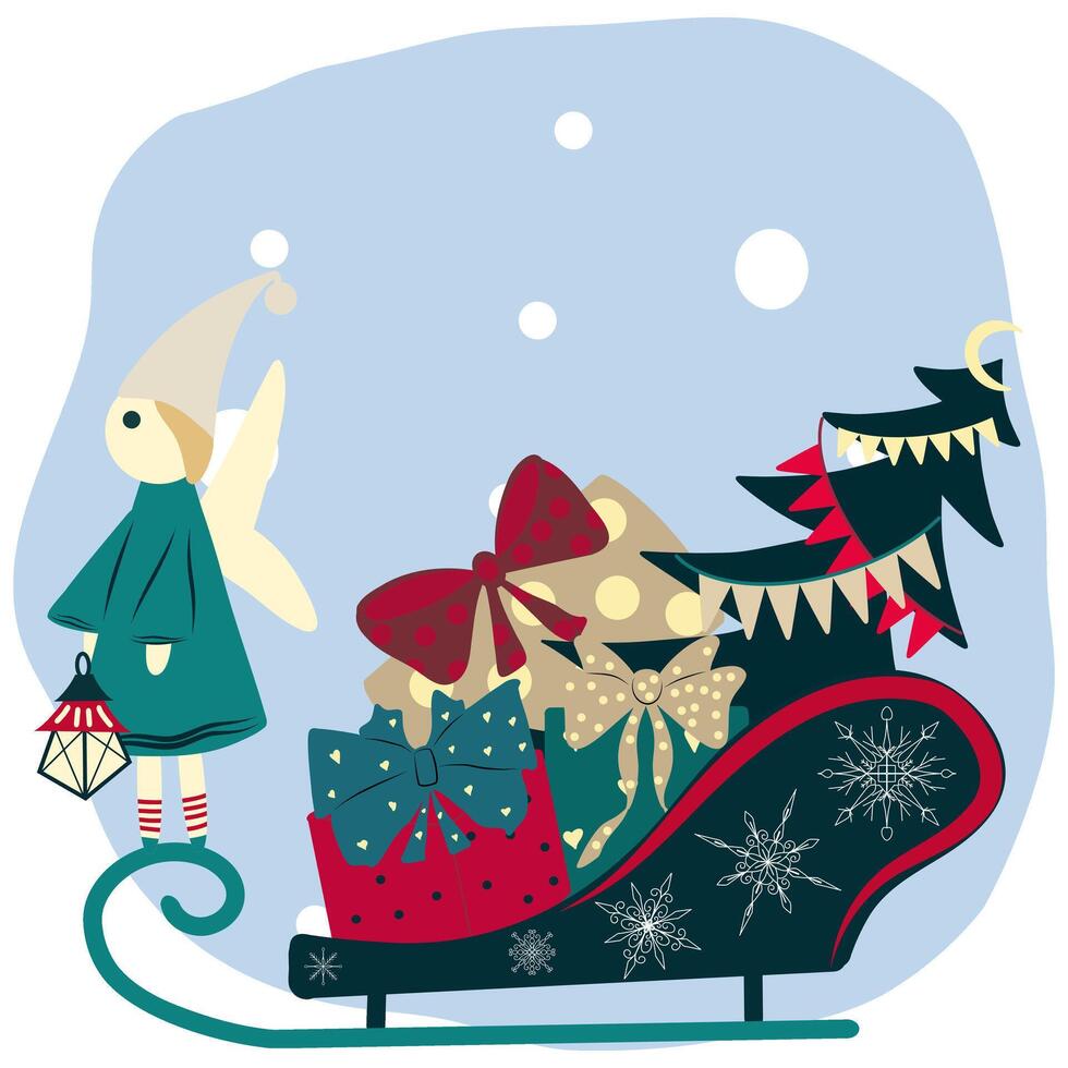 Christmas Poster simple flat illustration of an angel and sled of gift boxes vector