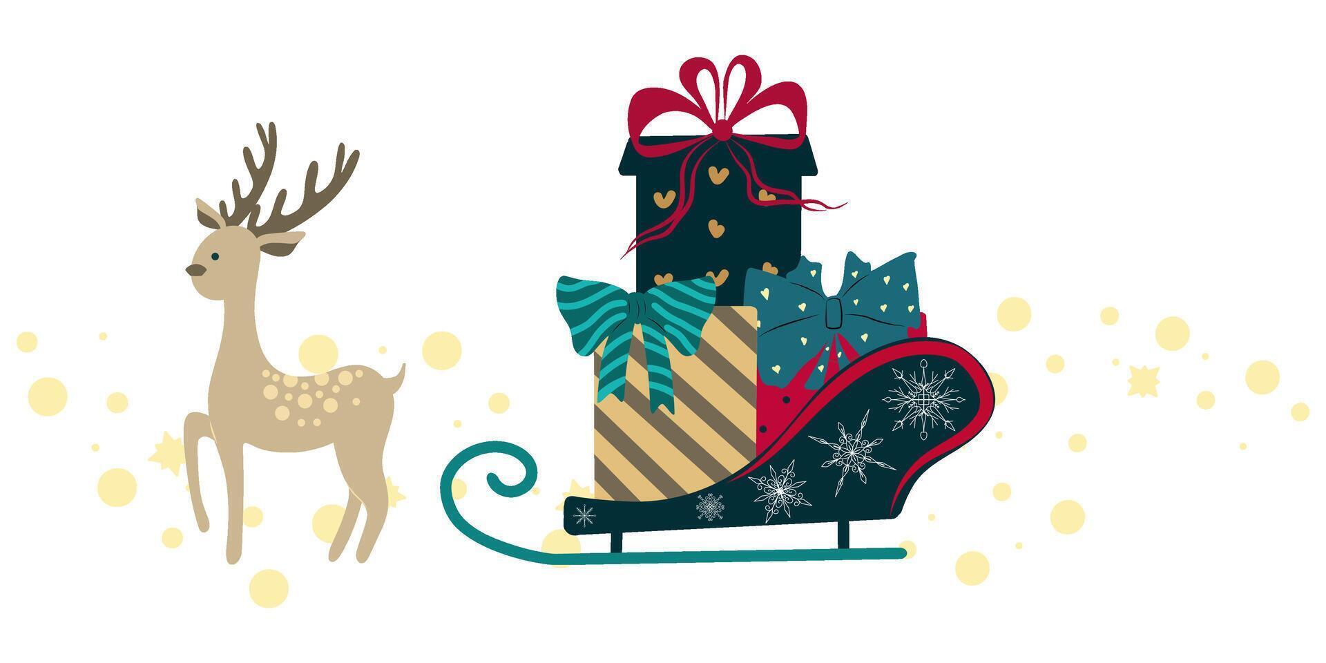 Christmas reindeer with sleigh full of gift boxes and stars all around, Christmas deer pulls a sled with gifts, illustration, Christmas postcard vector