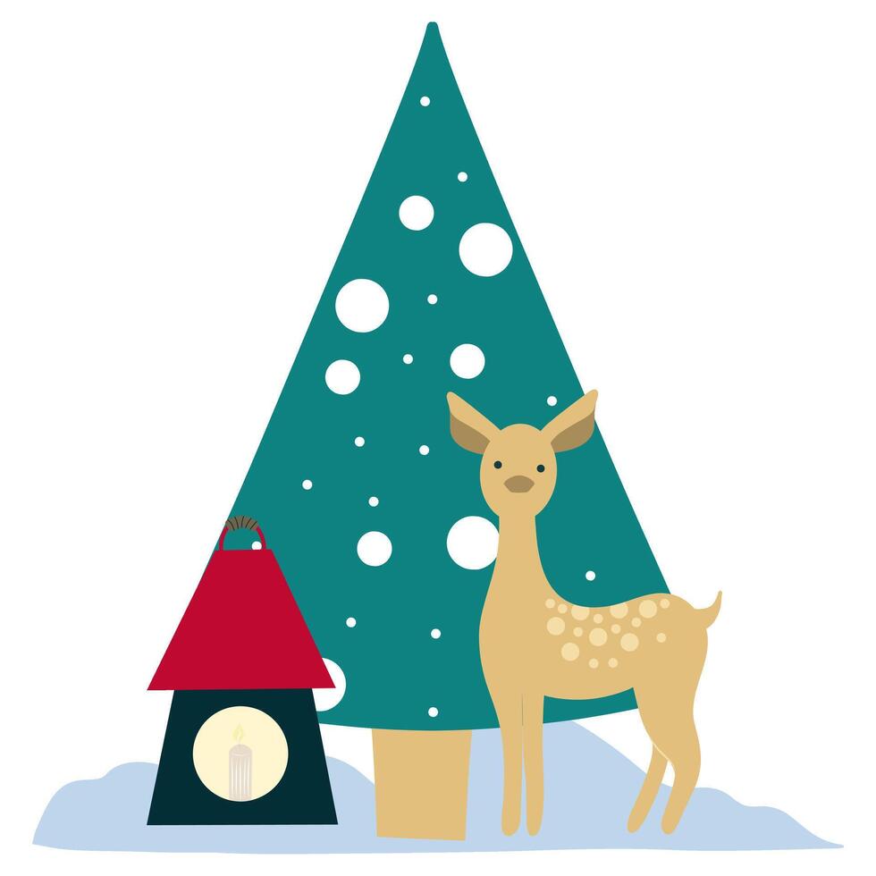 Hand Drawn Postcard with Deer, lantern and christmas tree, poster vector