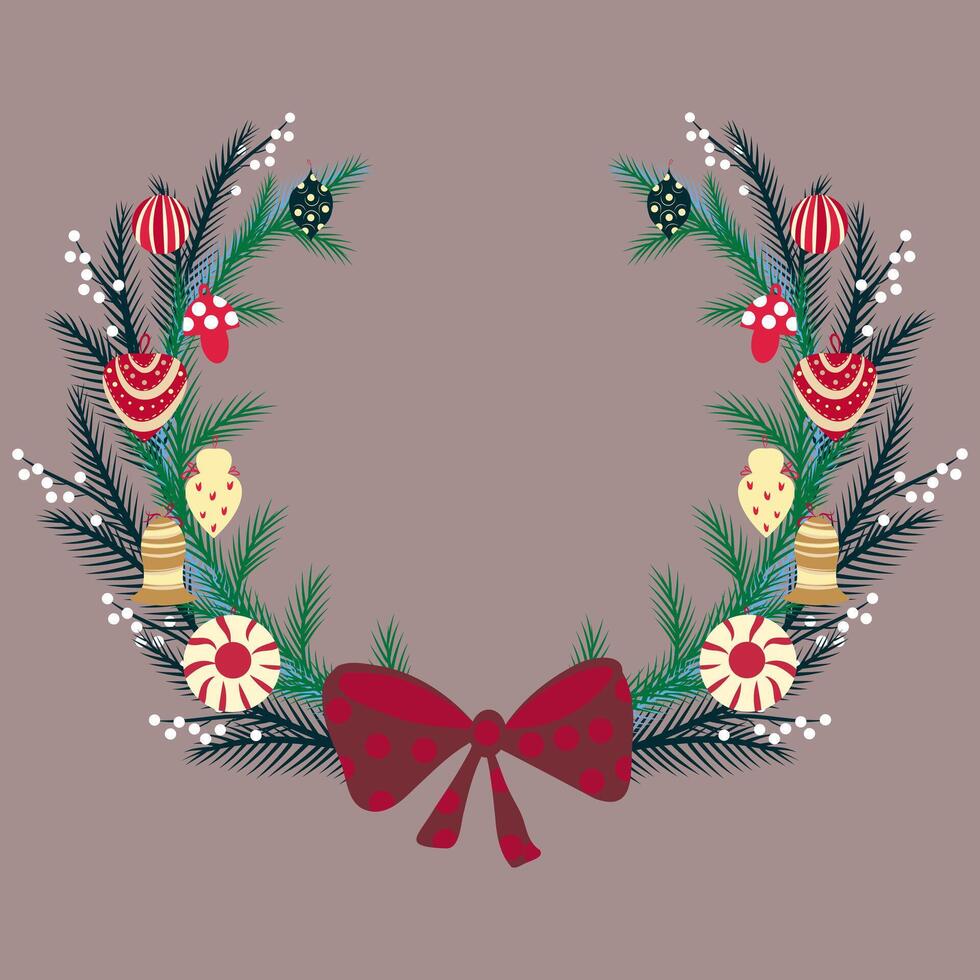 Christmas wreath with pine tree branches, berries and christmas ball toys on reddish background, hand drawn illustration vector