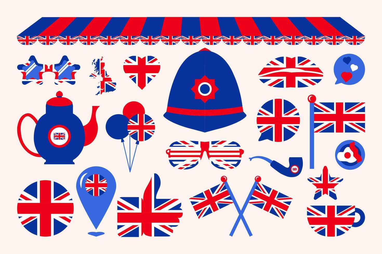 Set of decorative holiday elements in colors of UK flag vector