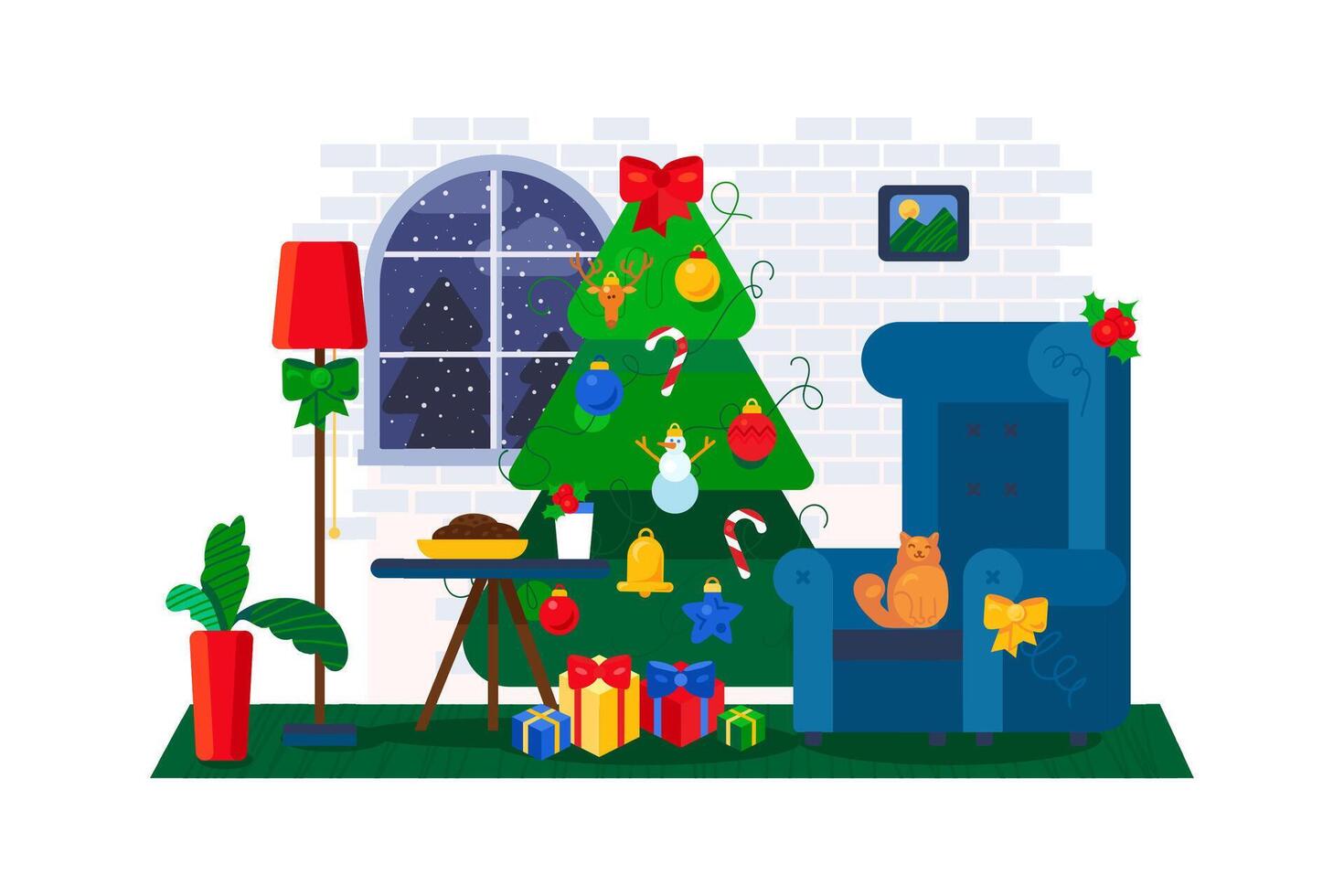 New Year Home Interior Christmas Tree Decorated vector
