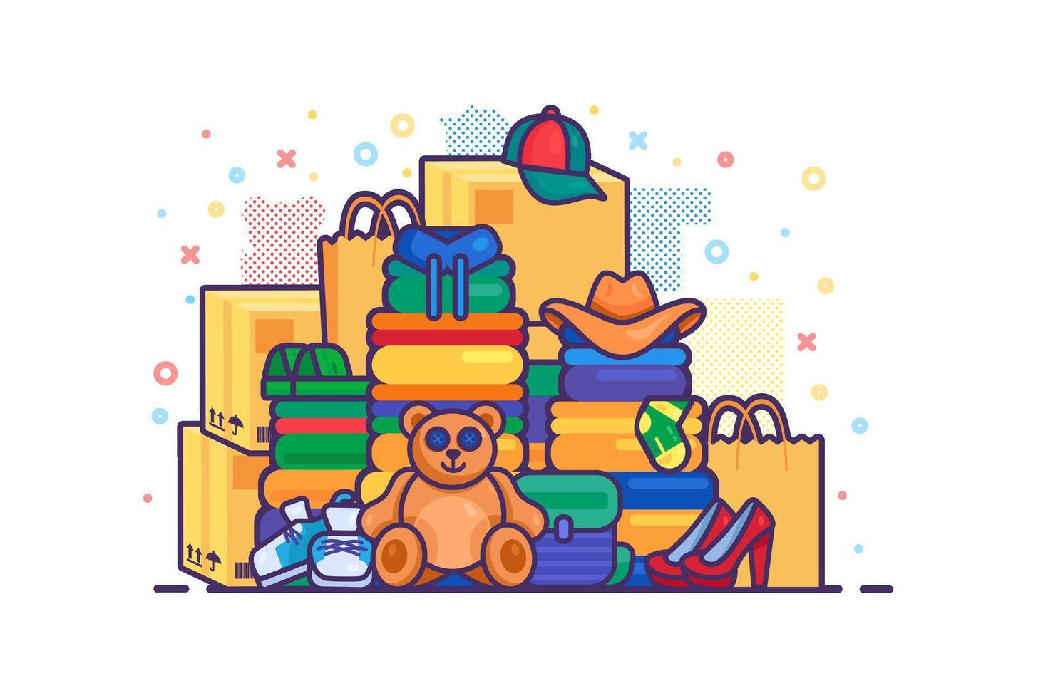 Mountain Of Purchases And Gifts Stacked In Pile vector