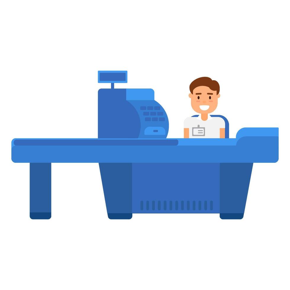 Store Cashier Sits Cash Register Waiting Customers vector