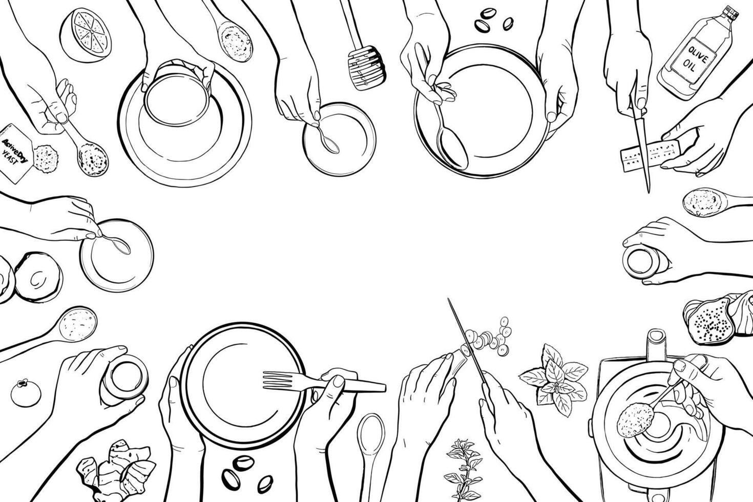 Cooking Class Background. Human Hands Cook Food, Top View vector