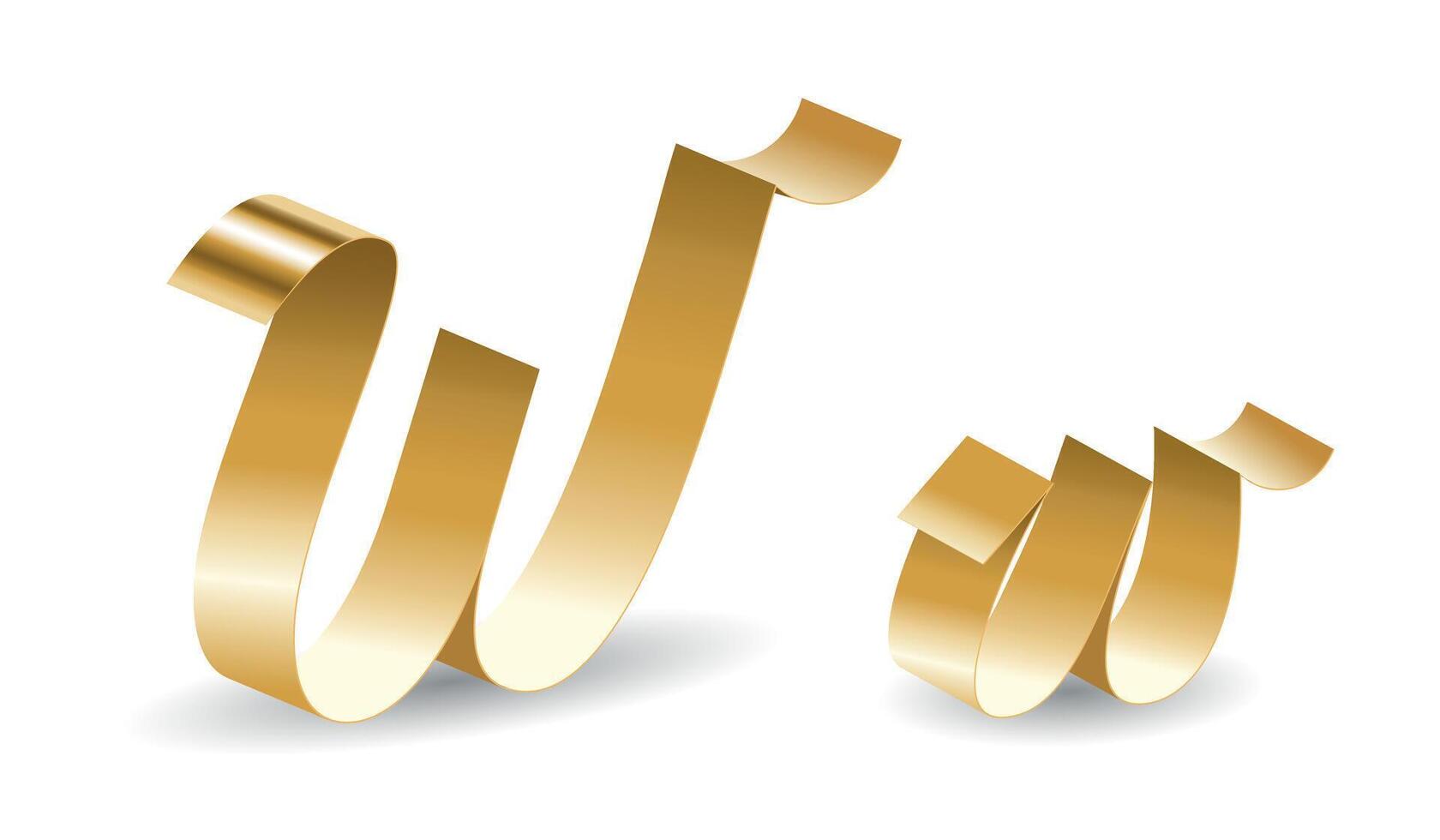 Luxury Golden Decorative English Alphabet W Letter. Gold Tape Illustration and Shadows on White vector