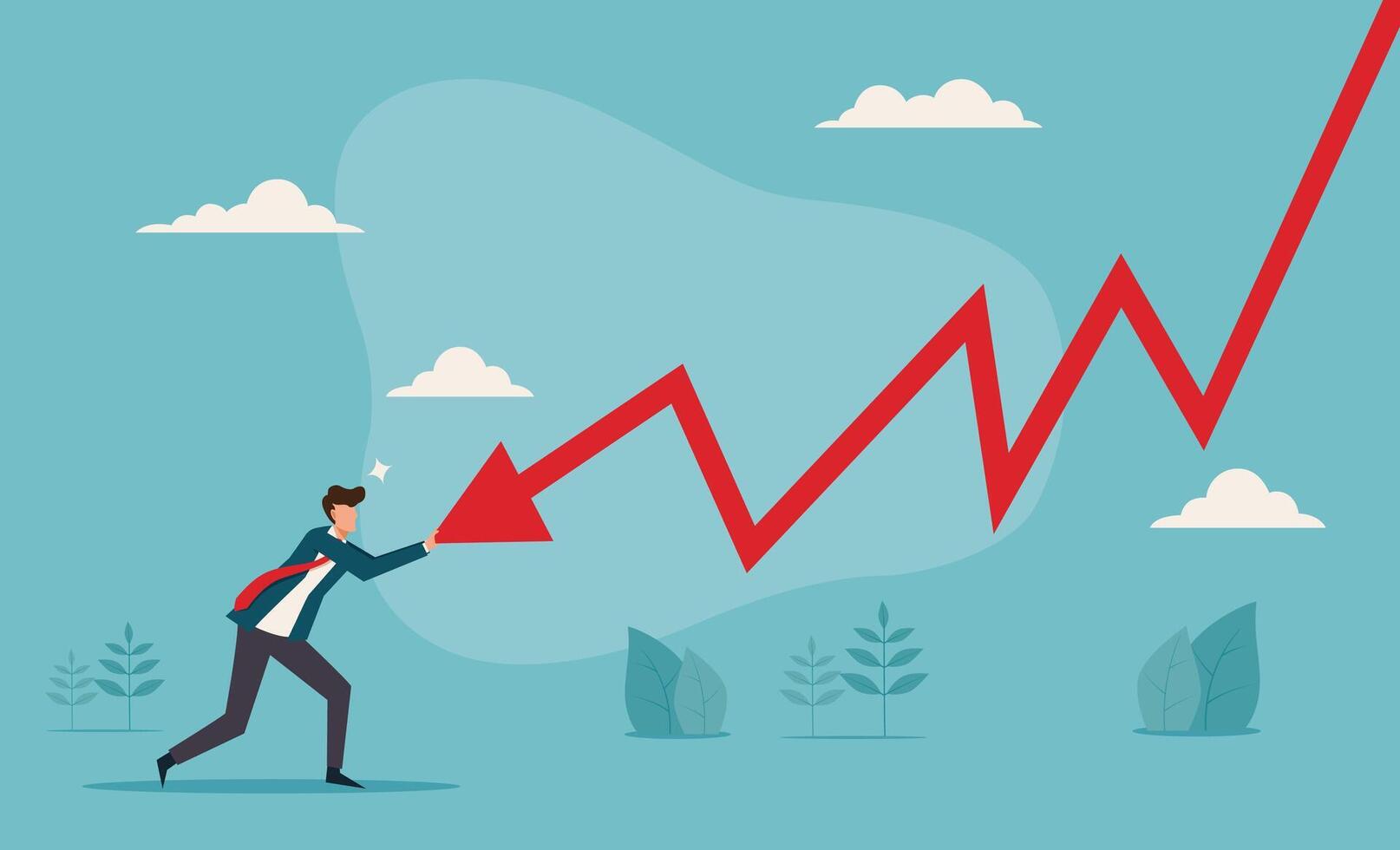Businessman pushing falling down arrow with full effort. Survive investment crash, crisis or recession, pushing back or effort to win business challenge, economic recession vector