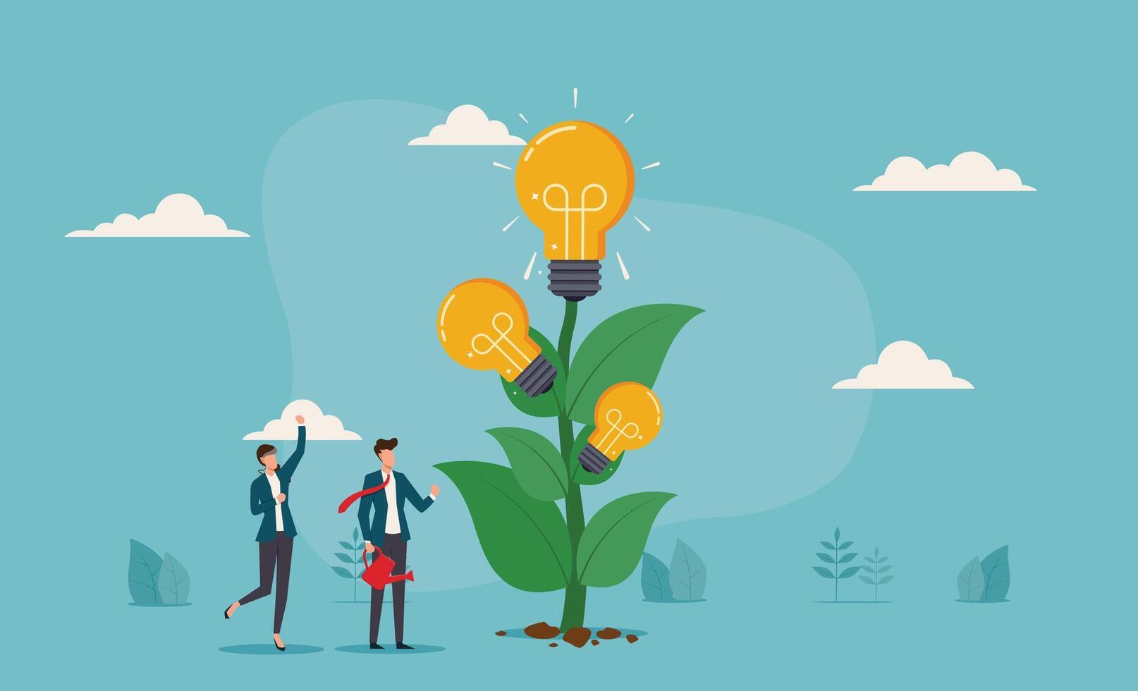 Businesspeople caring for a plant with lightbulb ideas. Ideal for illustrating innovation, teamwork, growth, and nurturing concepts in business vector