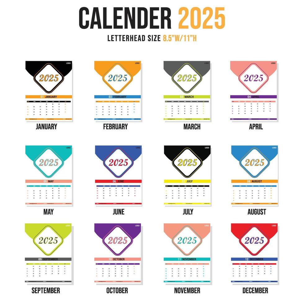 12 Months set Calendar 2025, vector
