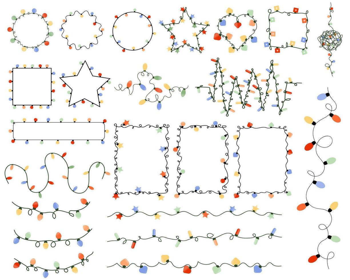 Big set of colorful garland lights in different shapes. Decoration elements for Christmas, birthday, party celebration design. vector