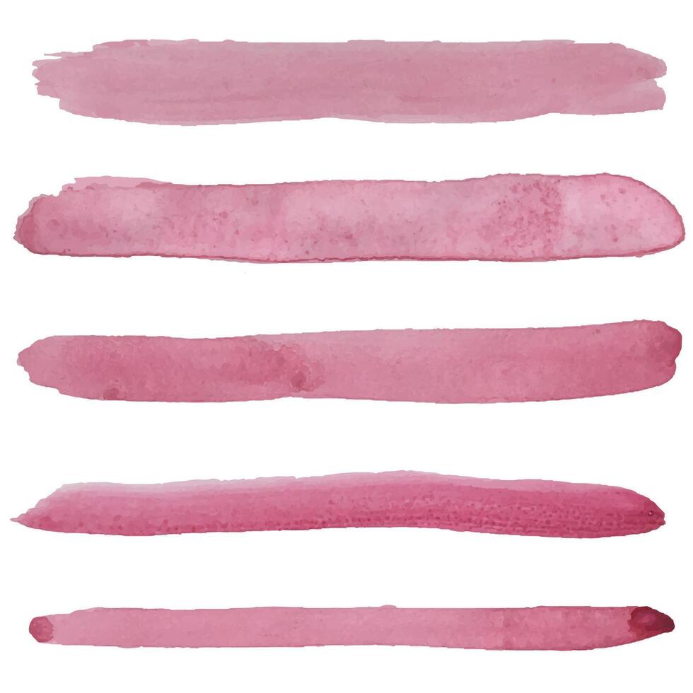 Set of pink watercolor brushes strokes. Each isolated on white. vector