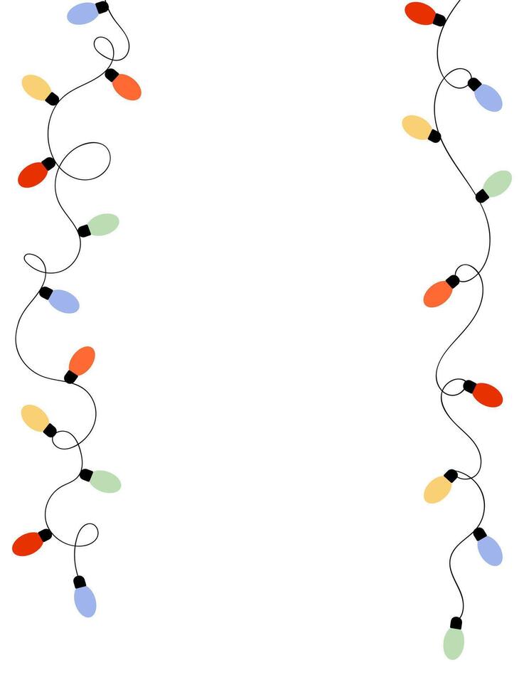 Curvy strings of Christmas garland lights on vertical white background. Celebration template with empty space for text. vector