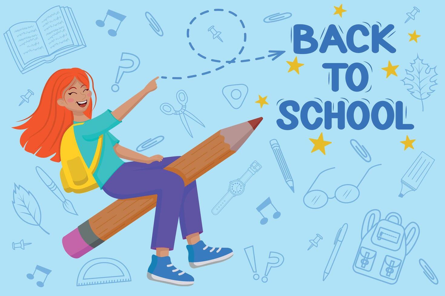 A school banner with a girl flying on a pencil. The inscription Back to school with flying school objects and stars, blue background. A happy student girl. . illustration vector